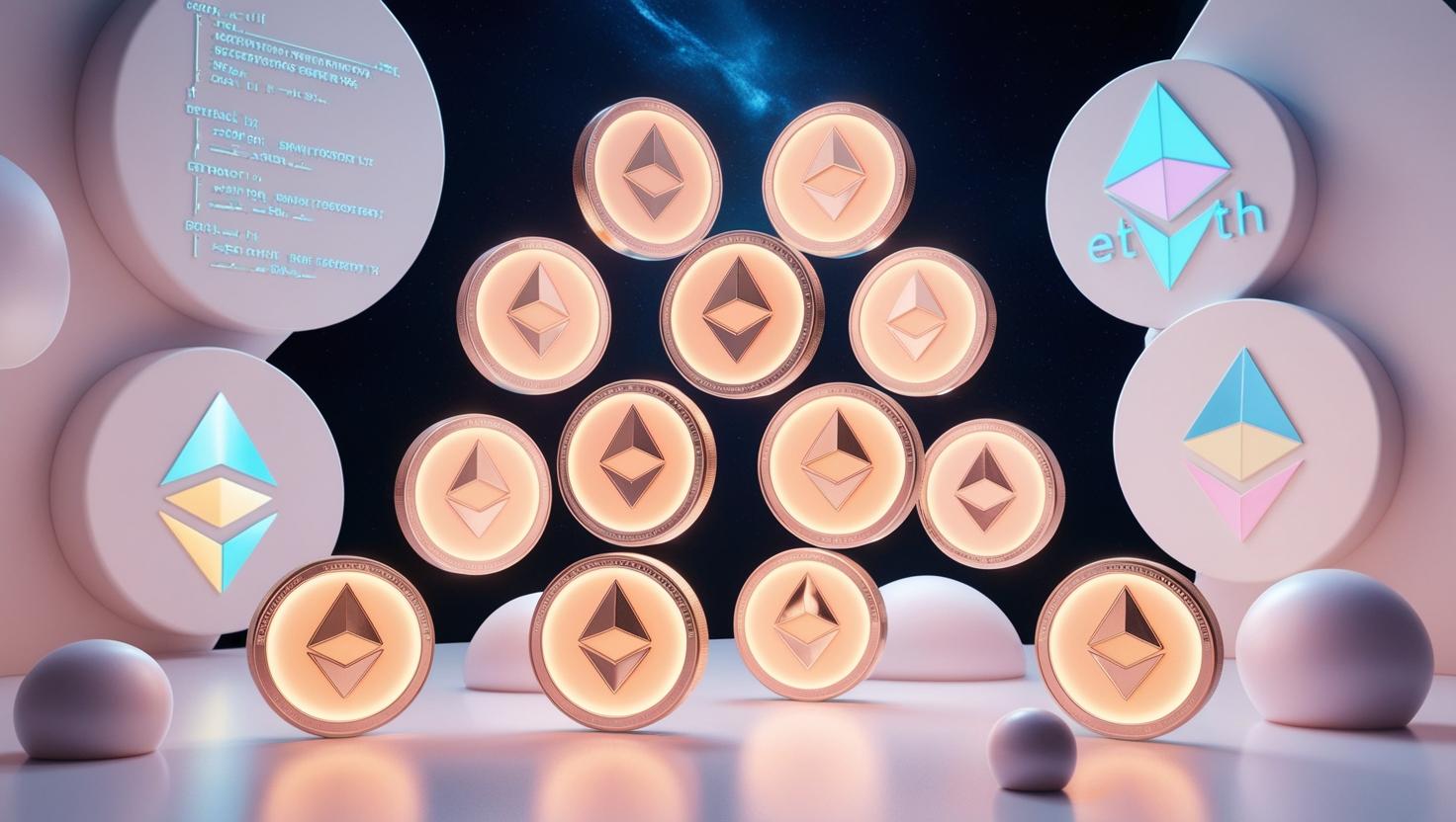 3D ARC-20 tokens floating in space, surrounded by Ethereum-related symbols and smart contract elements in a light style, no more element, no text.jpg