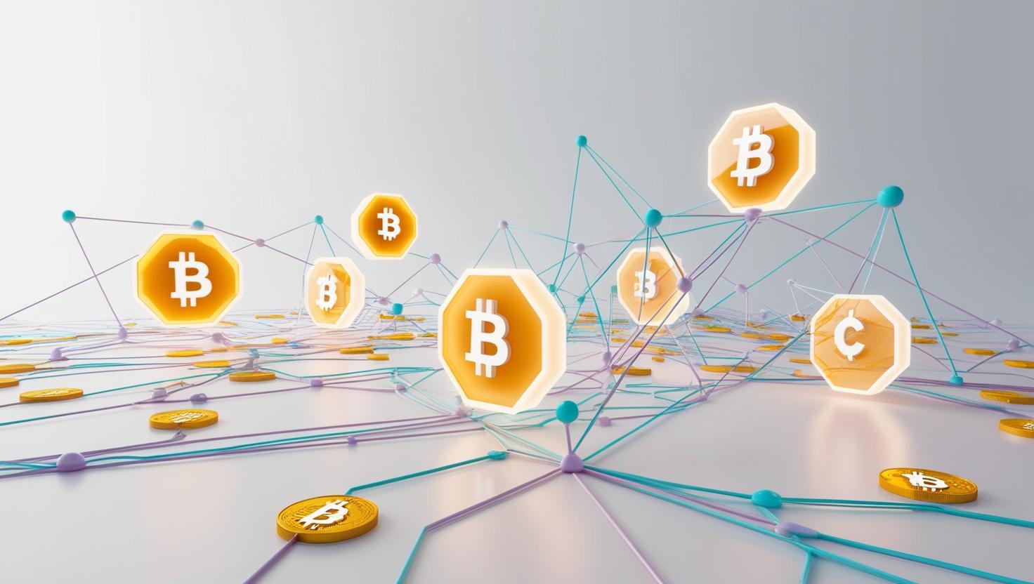 3D interconnected Web3 business models, tokenomics graphs, and crypto tokens floating, showing decentralized finance and economic models in a light style, no more element (2).jpg