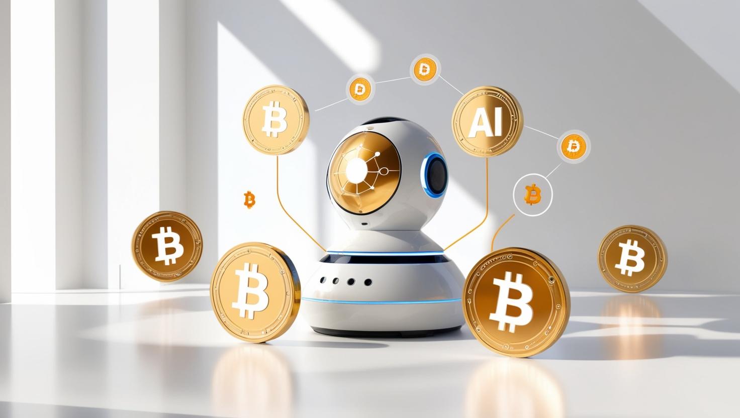 3D AI integrated with blockchain network, DeFi icons and digital coins in a light style, no more element, no word.jpg