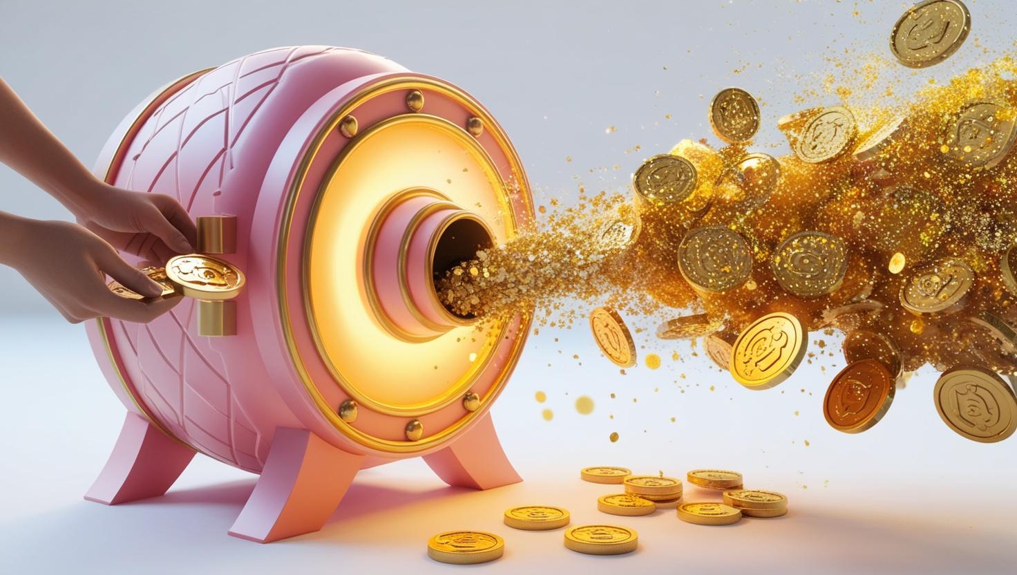 A 3D vault or treasure chest where users deposit tokens, and then a flow of rewards (like coins or yield) is being produced in a light style, no more element.jpg