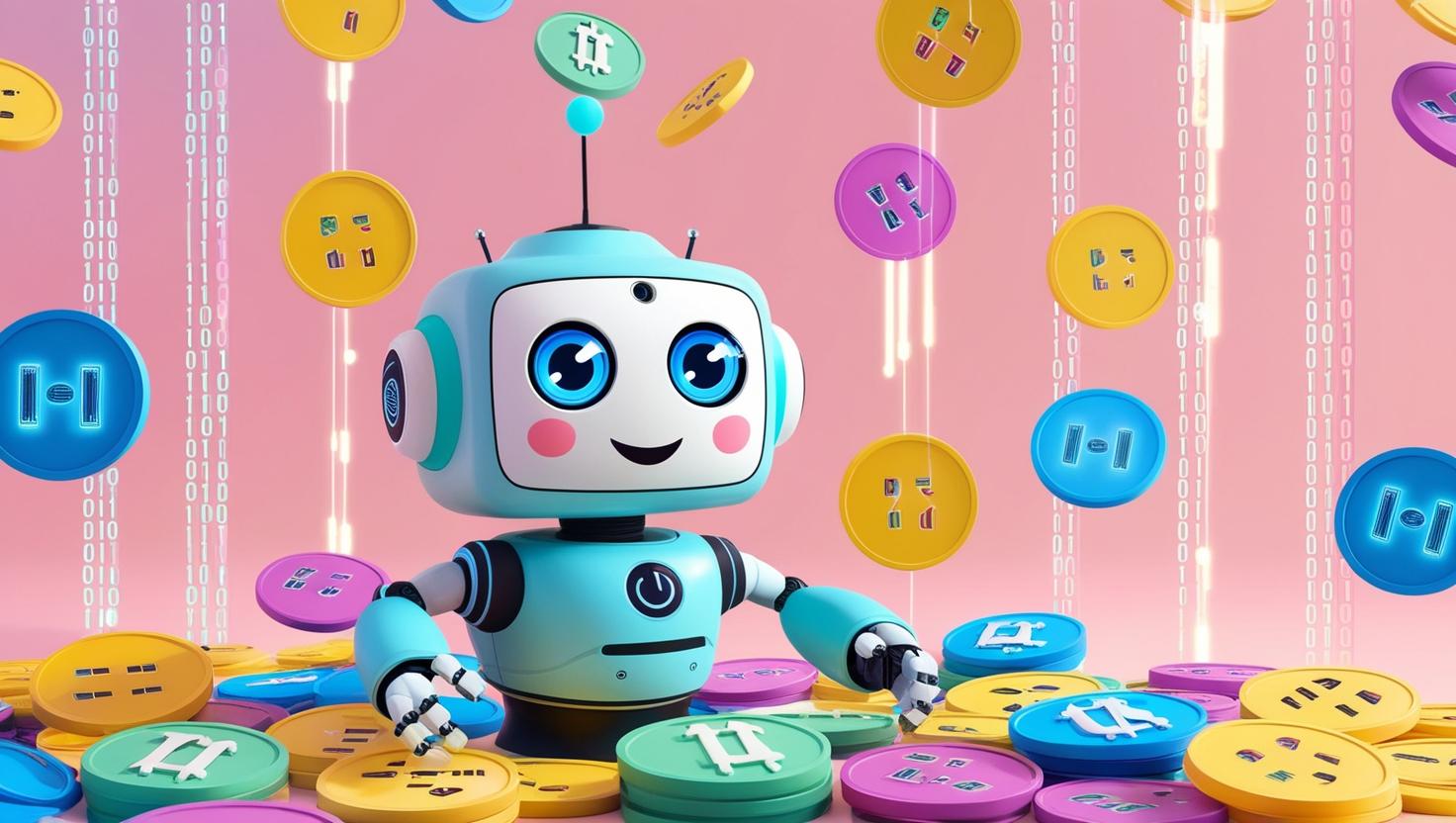 Playful AI robot surrounded by colorful meme coins and binary code a light style, no more element.jpg