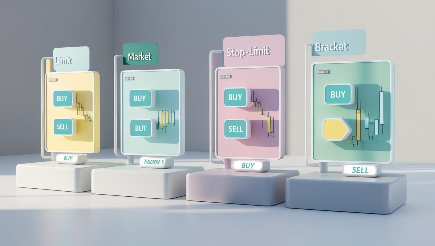 3D depiction of different order types (limit, market, stop-limit, and bracket) on a trading platform, with buy_sell buttons and price charts in a light style, no more element, no text.jpg