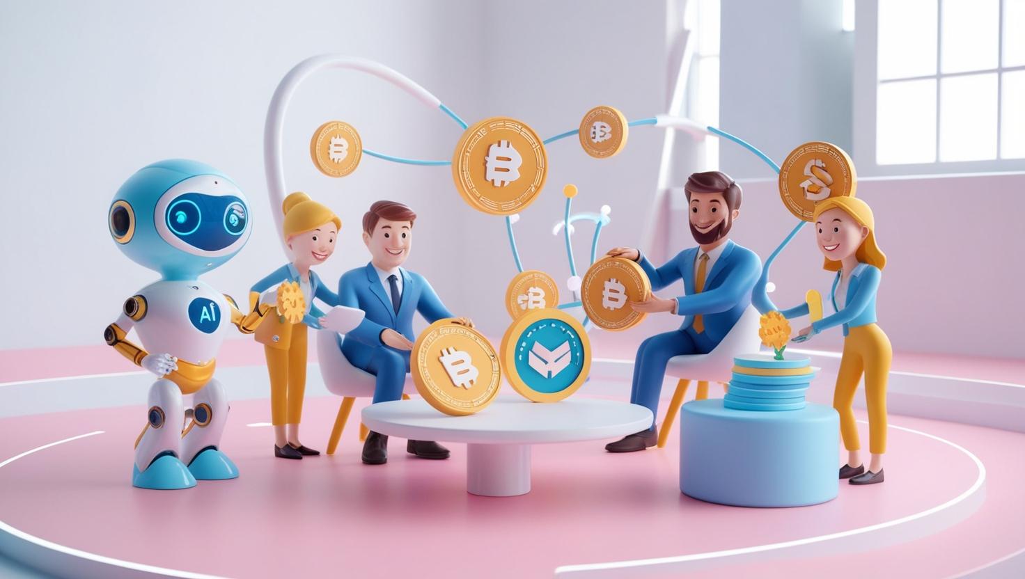 3D visualization of AI agents collaborating with VCs and DeFi projects in a light style, no more element, no word.jpg