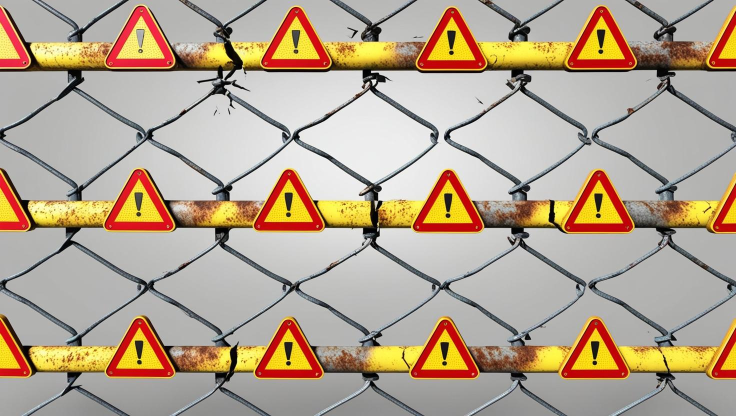 A cracked chain link with warning signs and alert symbols, showing vulnerability and potential attacks on blockchain systems in  a light style, no more element， 3D style (1).jpg