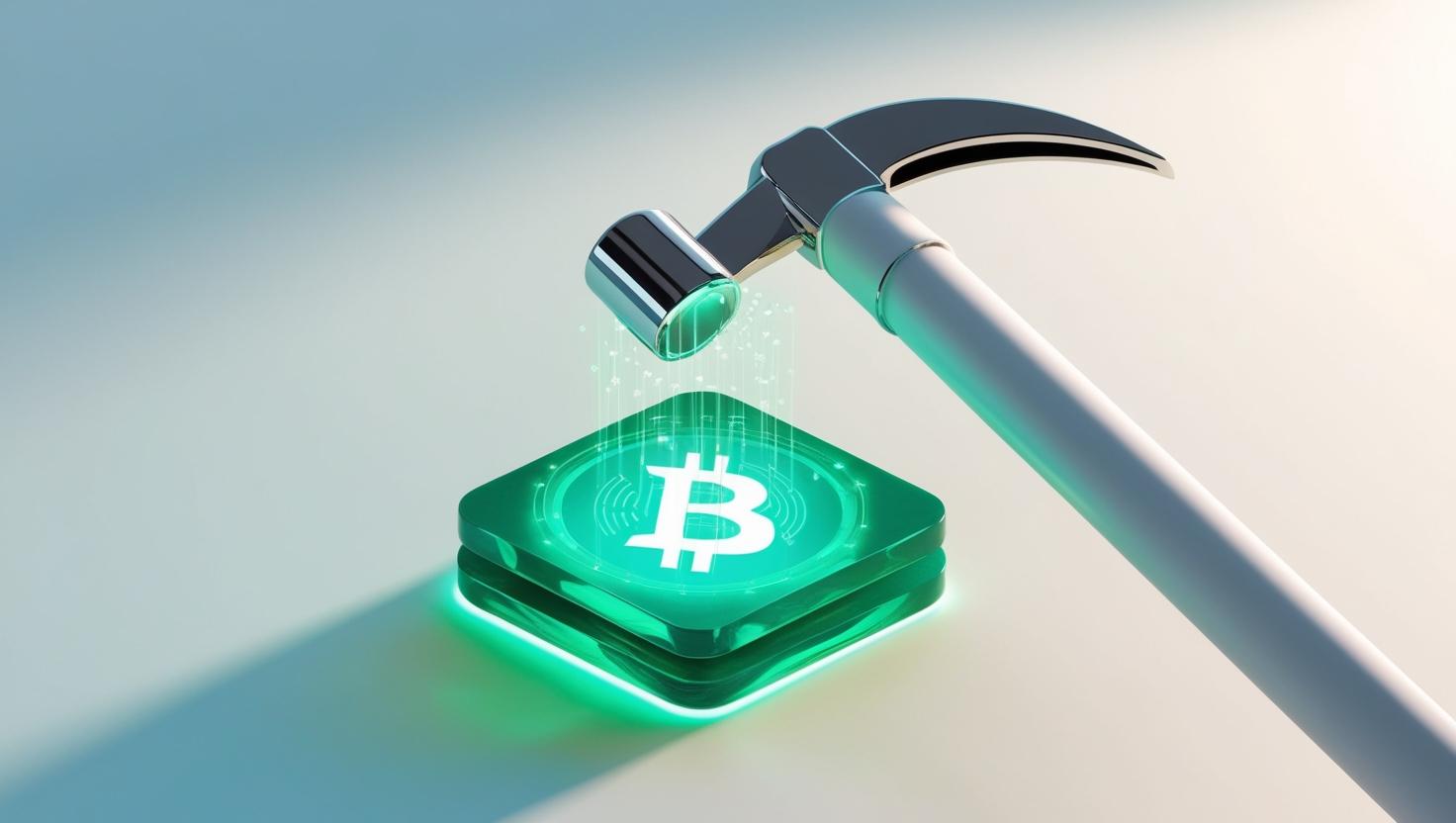 A 3D depiction of a digital pickaxe mining a glowing blockchain block, symbolizing computational work in a light style, no more element.jpg