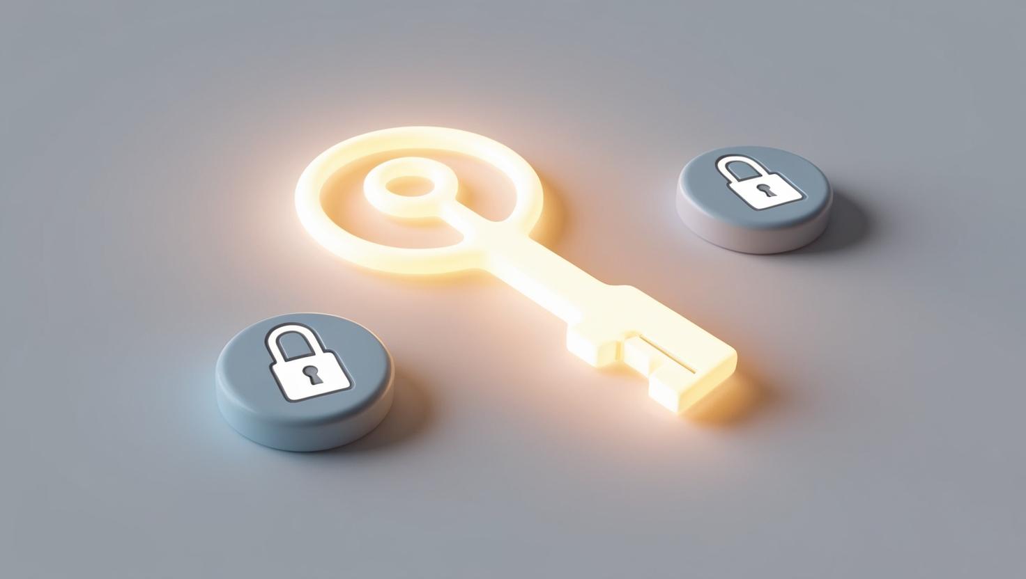 3D Glowing private key with secure backup icons in a light style, no more element, no word.jpg
