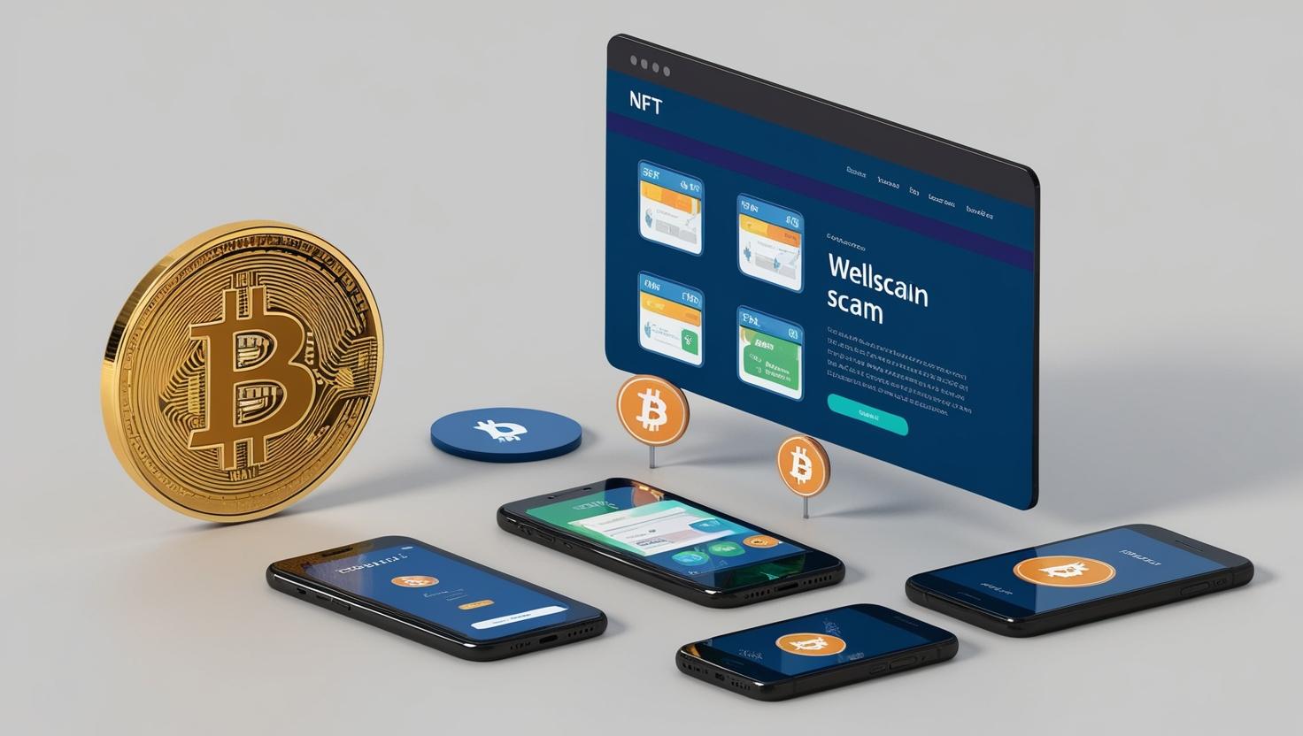3D bitcoin， NFT， phones， website， scam in a light style, no more element, no word (1).jpg