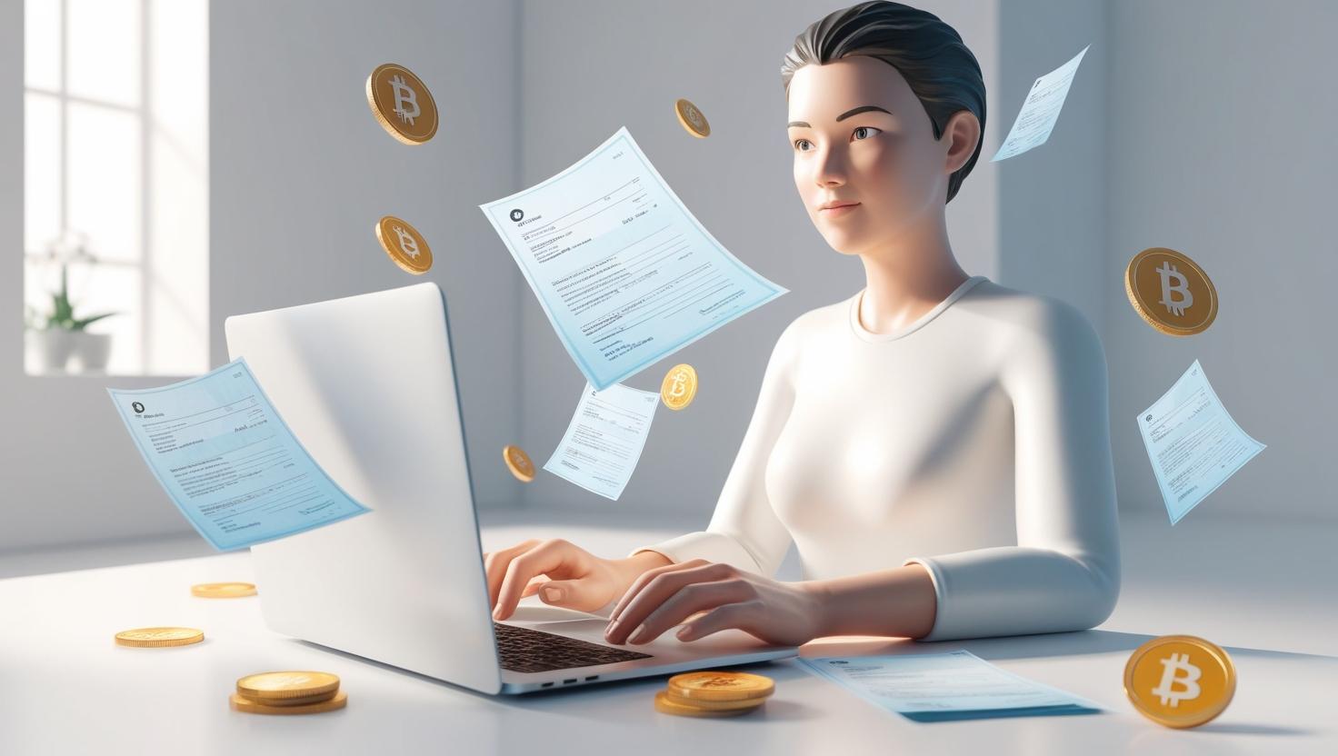 3D render of a digital nomad working on a laptop with cryptocurrency coins and tax documents floating around in a light style, no more element, no word.jpg