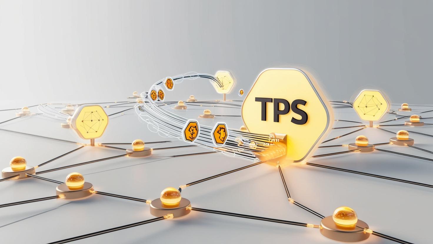 3D blockchain network with TPS counter and fast-moving transaction icons in a light style, no more element, no word.jpg