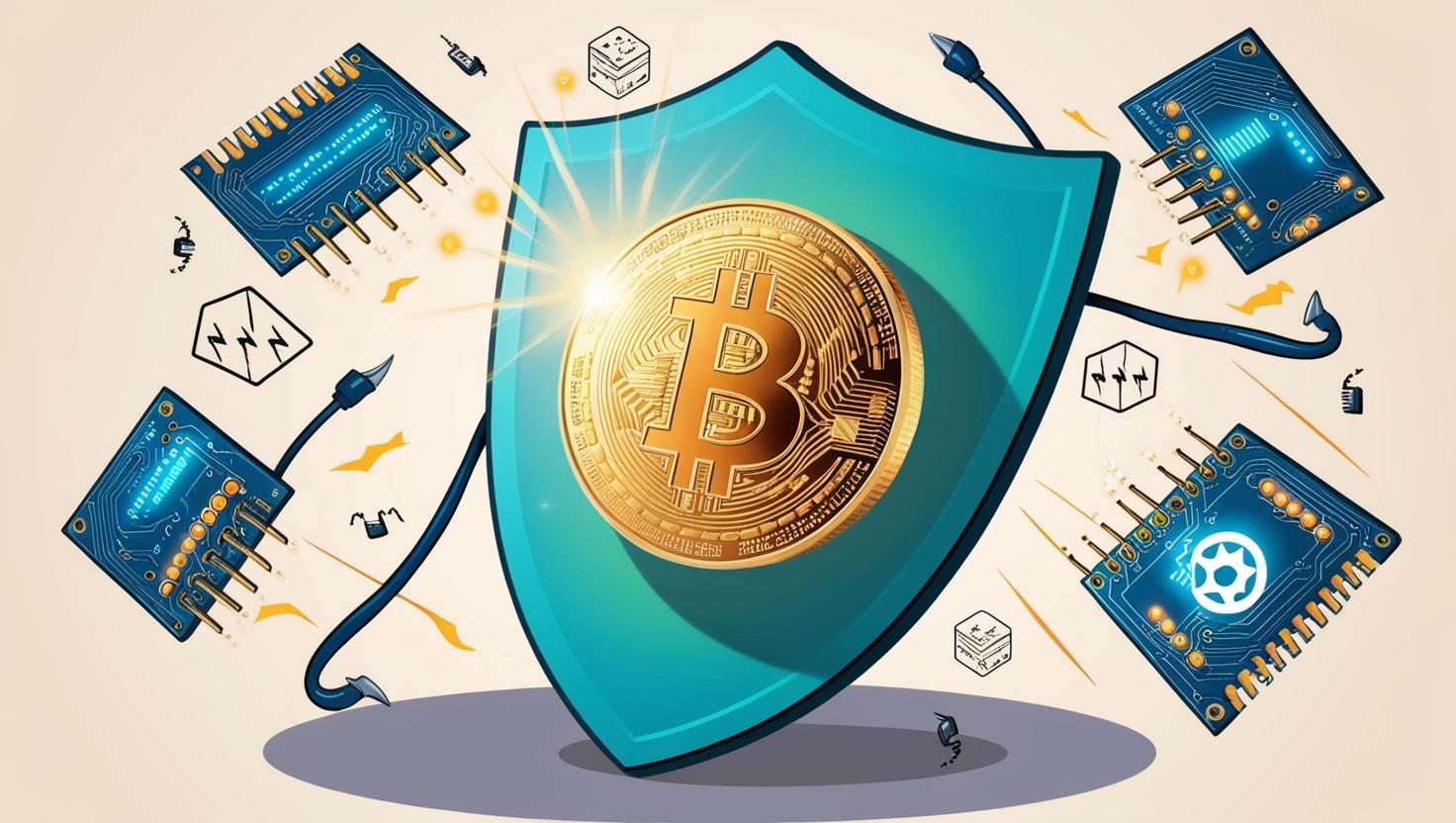 Glowing Bitcoin coin surrounded by hacker tools (like malware and phishing hooks) bouncing off a secure blockchain shield in  a light style, no more element, no word (1).jpg
