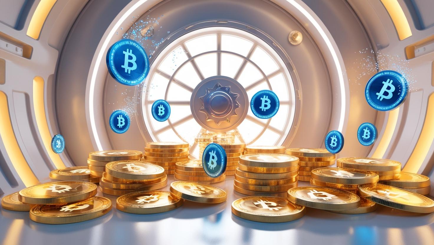3D render of a vault filled with glowing cryptocurrency coins, staking rewards and interest icons floating around, golden and blue accents in a light style, no more element, no word.jpg