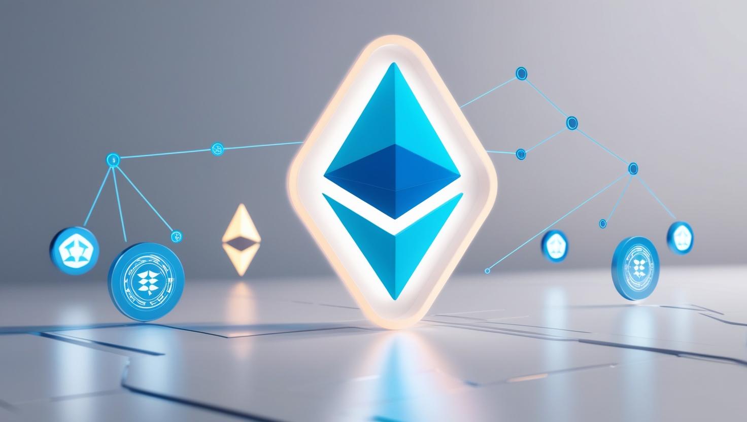 A futuristic 3D Ethereum logo transforming into a brighter, upgraded version, with network nodes, validators, and proof-of-stake symbols in the background in a light style, no more element.jpg