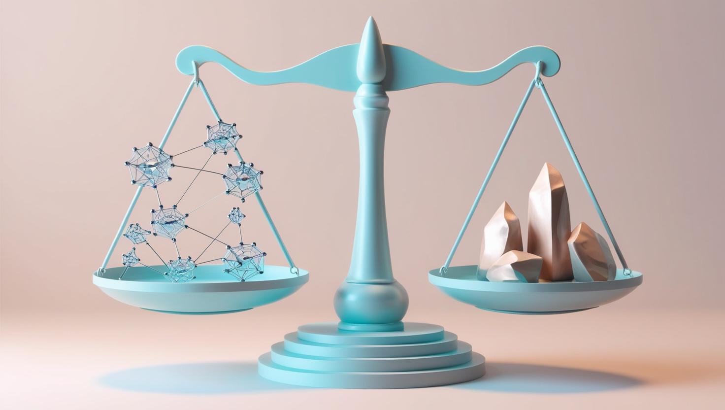 3D visual of a balance scale, with opportunities (security, decentralization) on one side and limitations (scalability, cost) on the other in a light style, no more element.jpg
