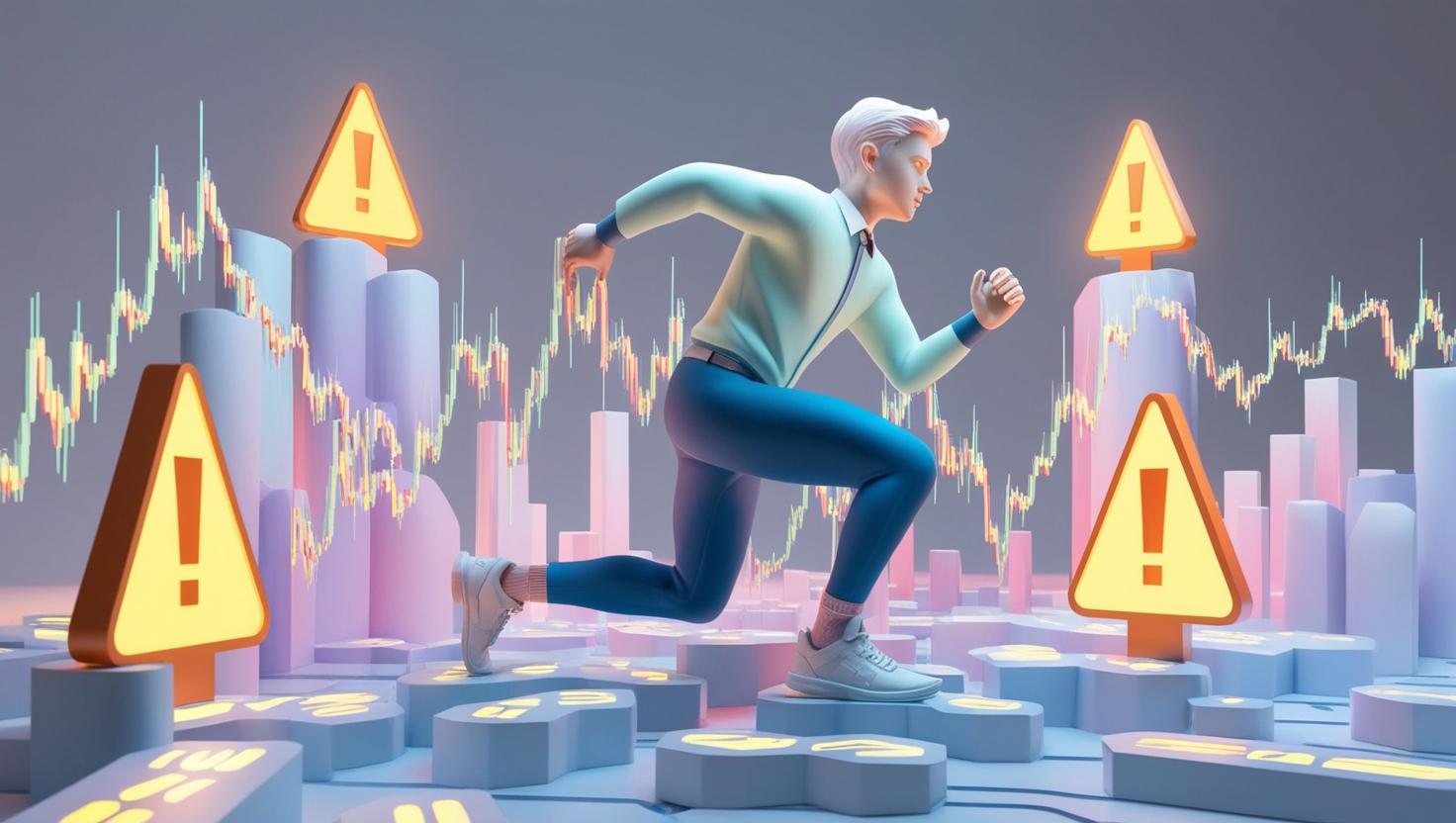 3D visualization of crypto trader navigating through volatile charts, with warning icons like exclamation marks and fluctuating values in a light style, no more element, no text.jpg