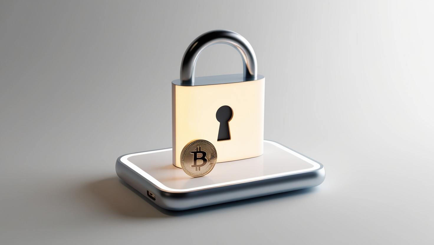 3D image of a secure crypto wallet with a lock symbol and a digital coin in a light style, no more element, no word.jpg