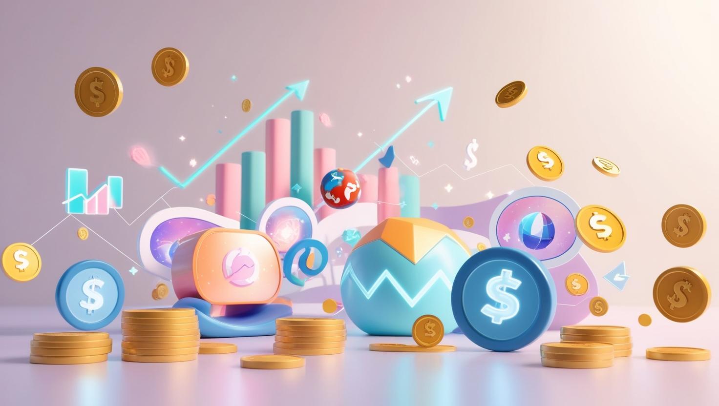 3D Background featuring a combination of gaming elements (e.g., virtual worlds, coins, tokens) and financial symbols (e.g., charts, graphs, dollar signs) in a light style, no more element, no text (3).jpg