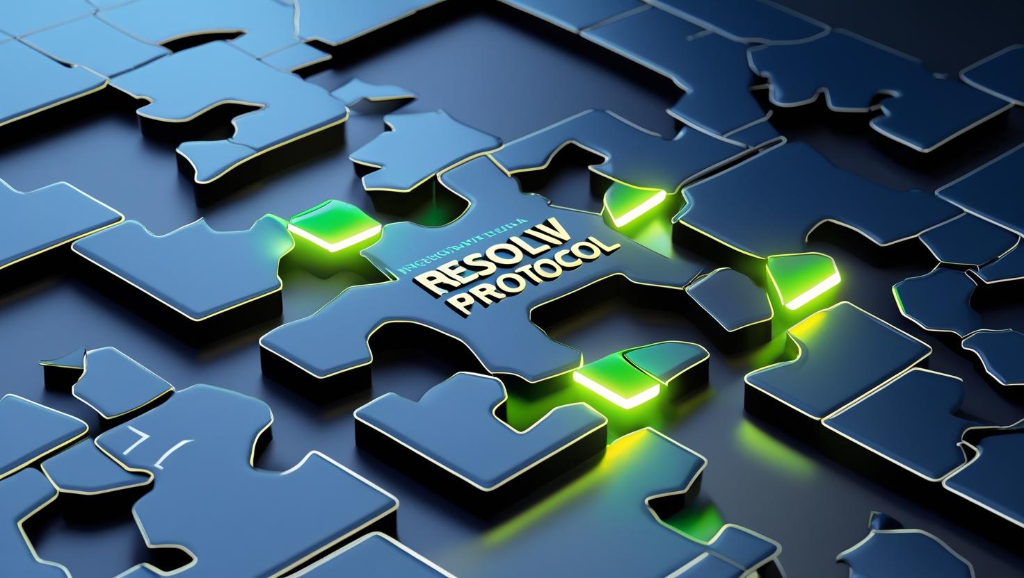 3D A puzzle metaphor_ Broken blockchain pieces snapping together seamlessly under the -RESOLV Protocol- label, with light beams highlighting solved sections. Clean 3D illustration, corporate tech vibe in this color (_Key Future:Green_ HEX.jpg
