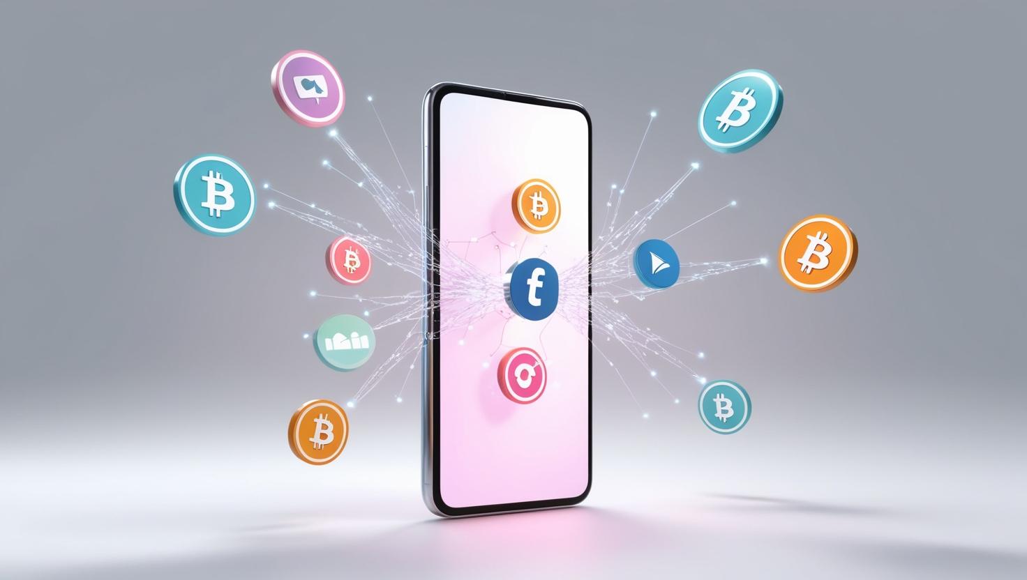 A 3D smartphone with social media icons floating out, connected to blockchain networks with cryptocurrency symbols representing SocialFi in a light style, no more element.jpg