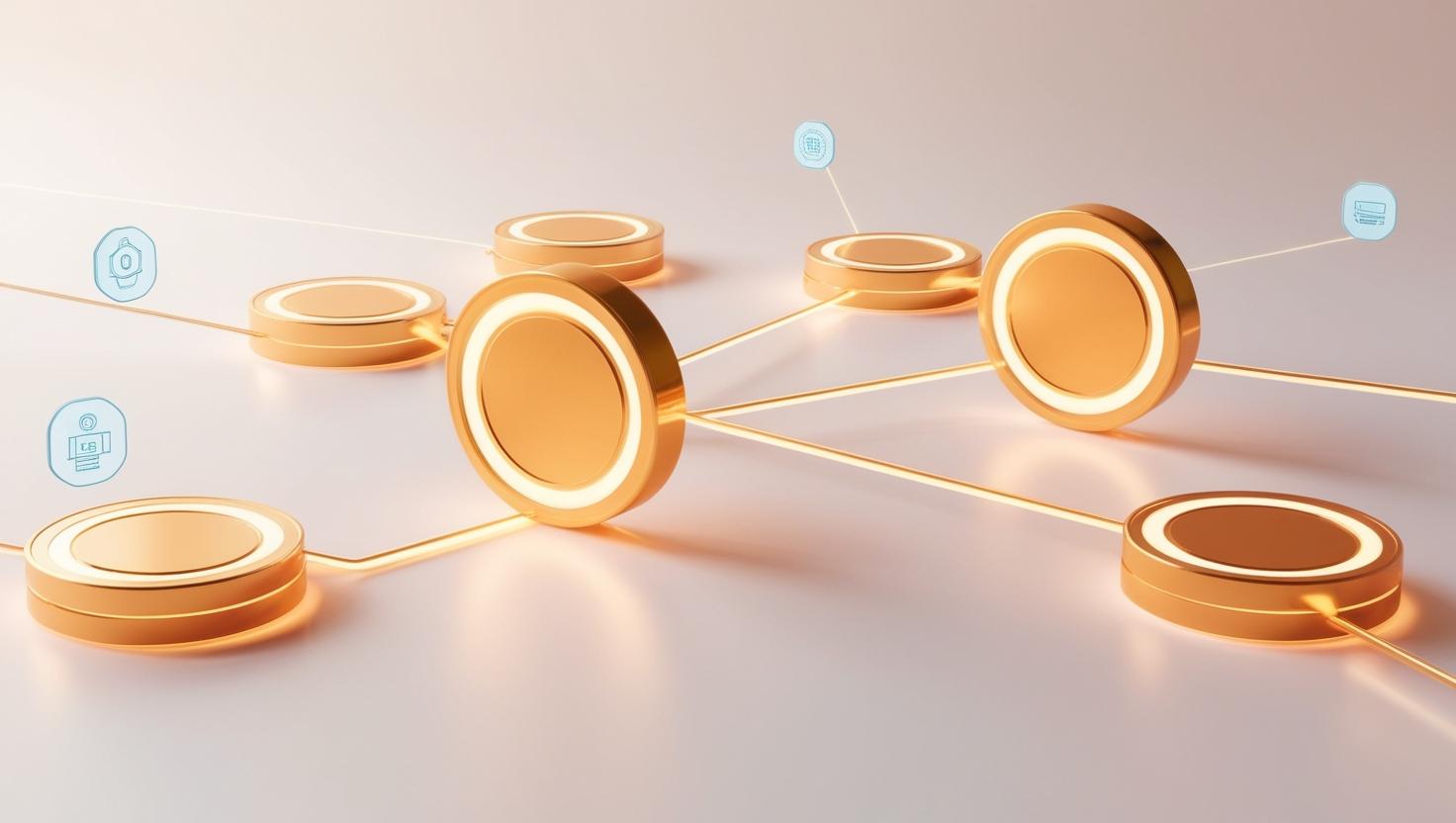 3D tokens floating ， with blockchain connections and digital  icons around it in a light style, no more element.jpg