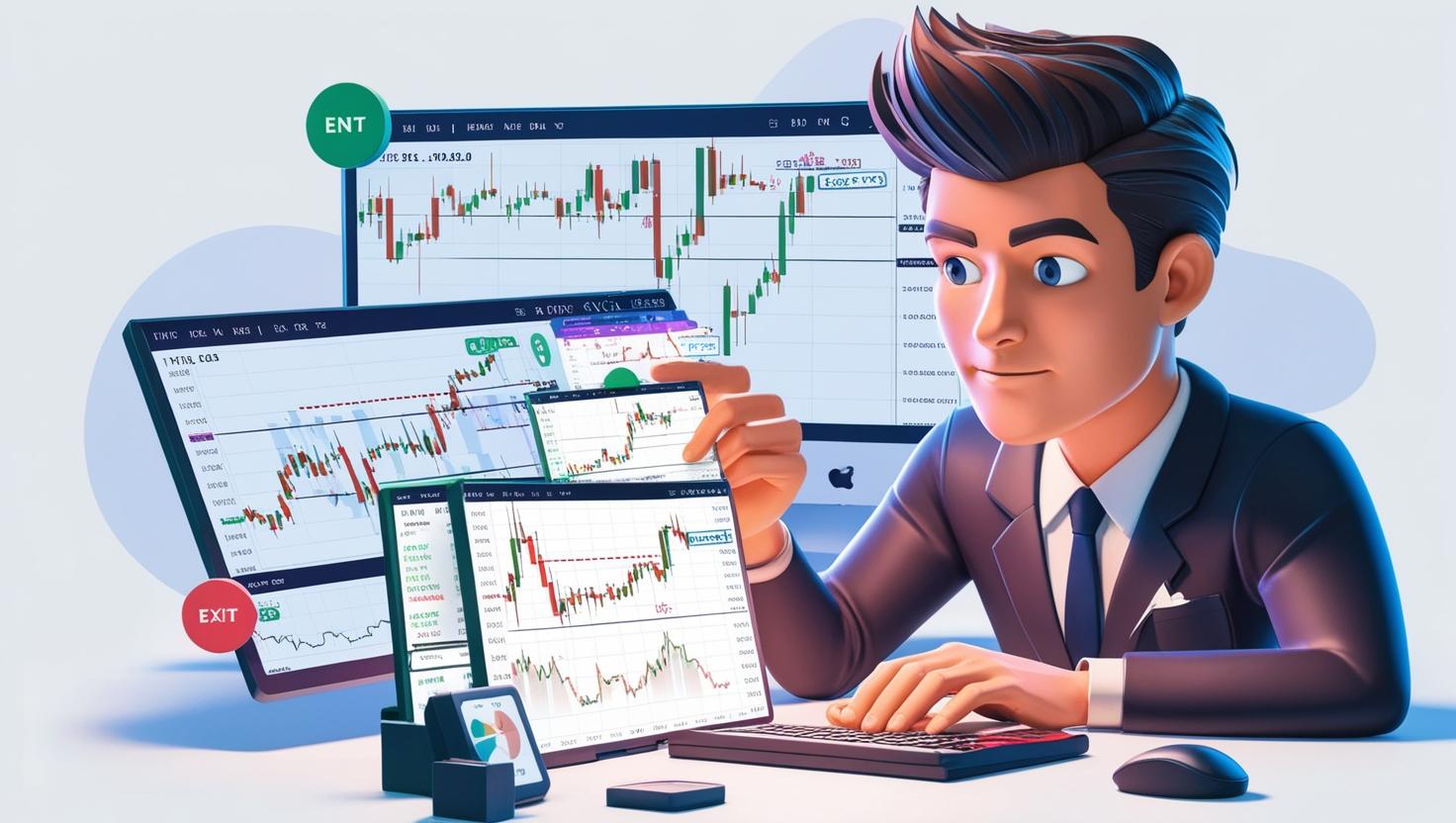 3D illustration of a crypto trader using multiple time-frame analysis with several charts and entry-exit points marked  in a light style, no more element, no word.jpg