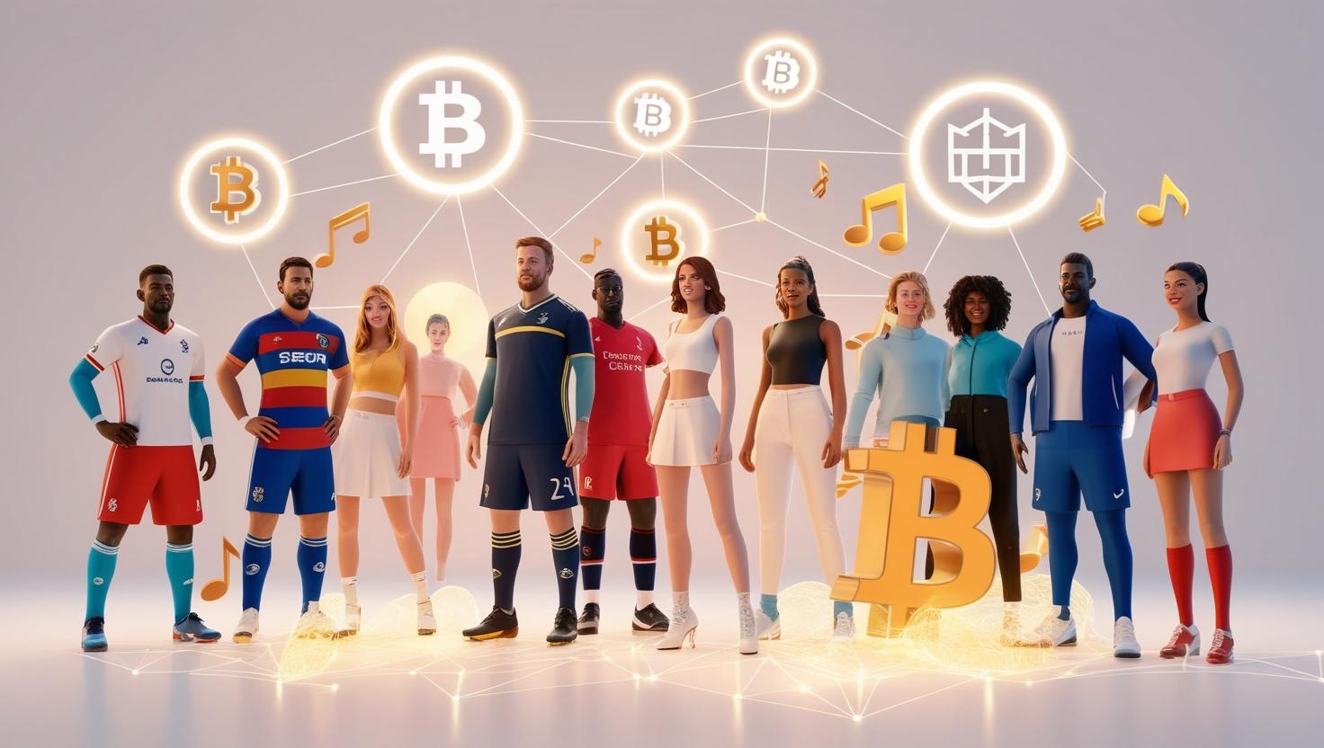 A 3D simple of a sports player, music notes, and fashion models, all connected through blockchain networks and Web3 logos in a light style, no more element.jpg