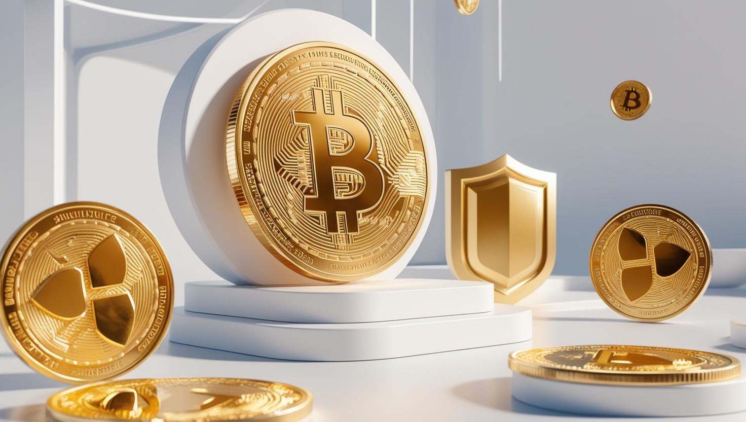 3D exchange platform website interface with shields and coins in a light style, no more element, no word.jpg