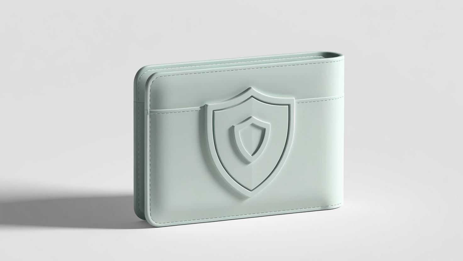 A 3D illustration of a  digital wallet icon with a shield symbol on it, representing security and trust in a light style, no more element.jpg