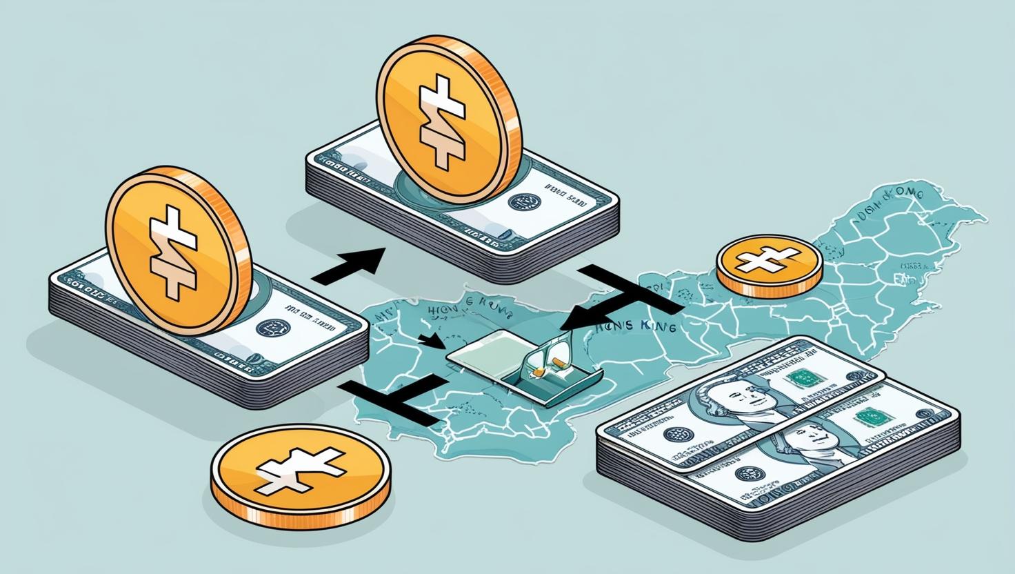 A 3D illustration of a crypto and fiat currency exchange process in Hong Kong. Show both crypto coins and fiat bills, with an easy-to-follow step-by-step process flow and a map of Hong Kong as the background. in a light style, no more eleme.jpg
