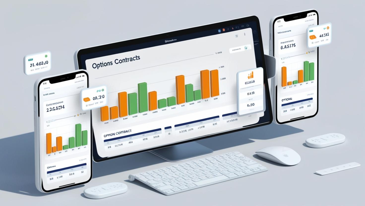 3D dynamic trading interface showing options contracts in a light style, no more element, no word.jpg