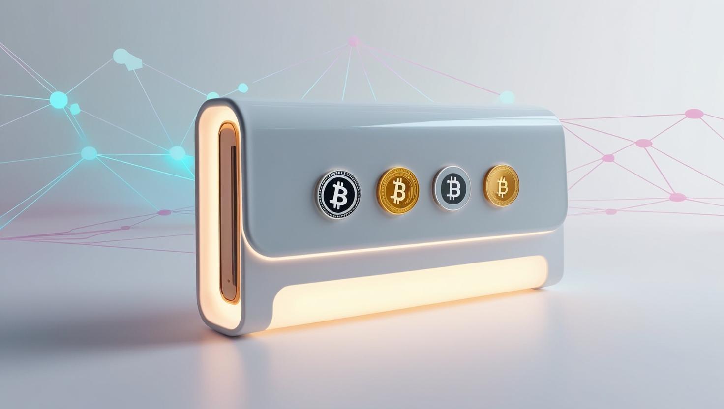 3D Futuristic digital wallet with coins and payment icons, blockchain network in the background in a light style, no more element, no word.jpg