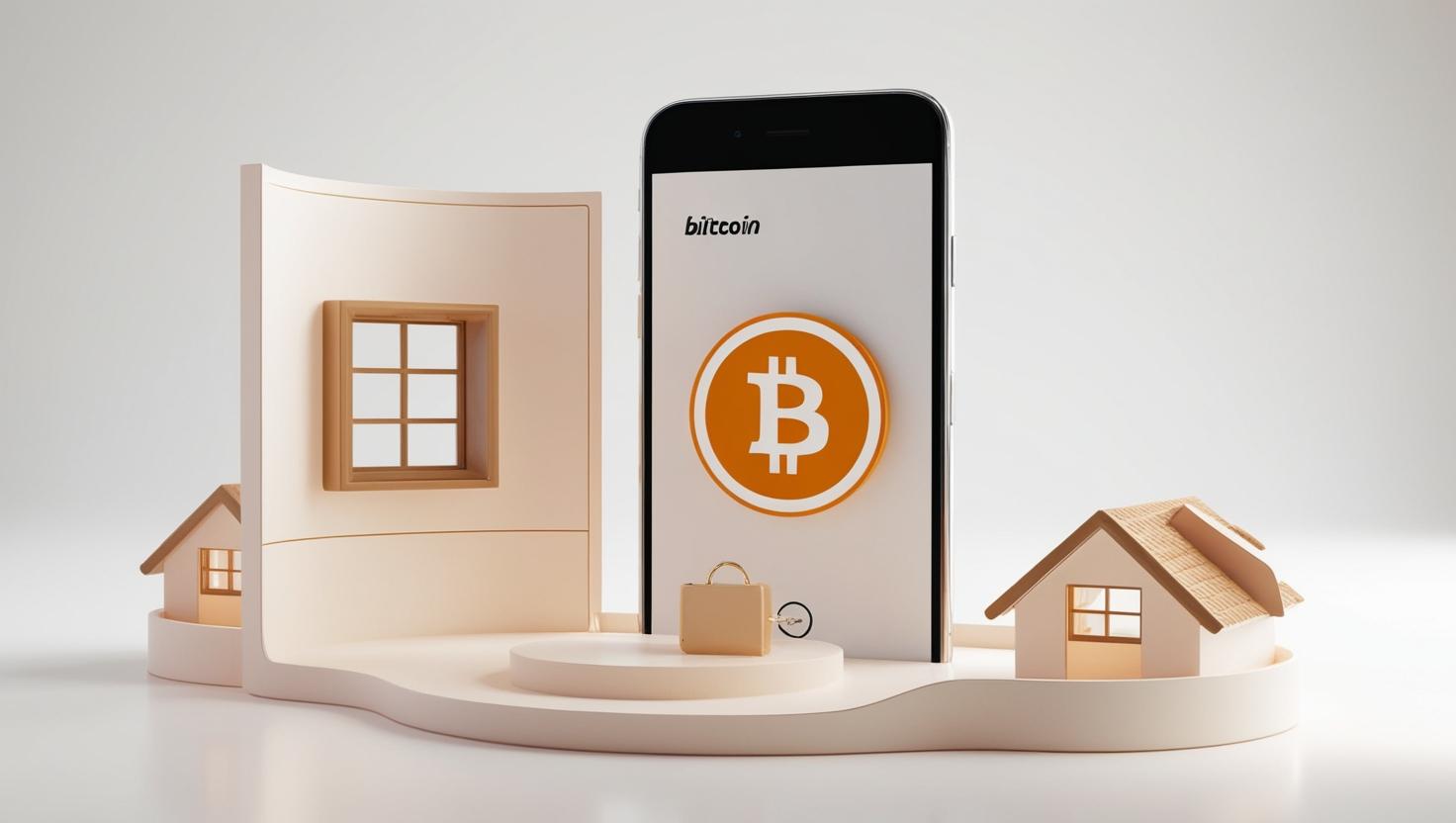 3D real estate，bitcoin ， phone， website， in a light style, no more element, no word.jpg