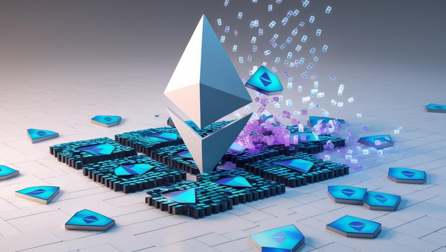 A 3D ETH , and A digital grid composed of the Ethereum logo is falling apart, pixelating and data streams are spread out in a light style, no more element, real, no text.jpg