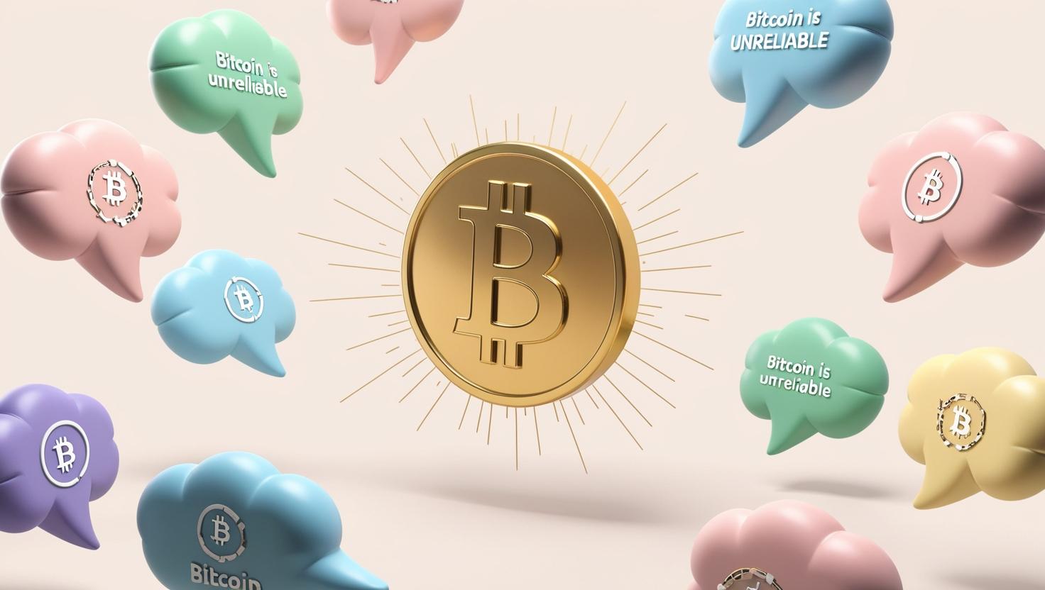 3D Bitcoin myths floating around like speech bubbles with icons of misinformation, and a Bitcoin symbol breaking free from myth  in a light style, no more element, no text.jpg