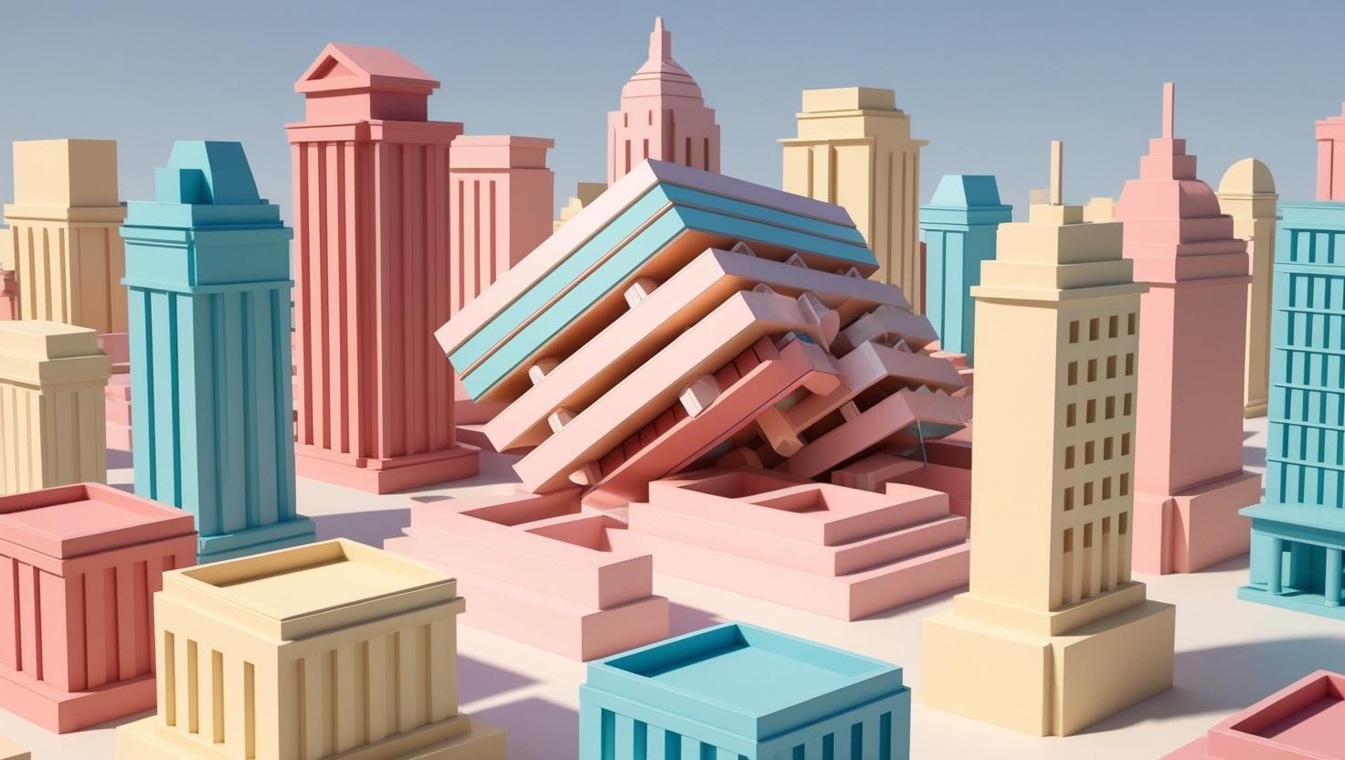 A 3D financial cityscape with buildings representing stock markets, with one building collapsing, symbolizing the impact of a market crash like Black Monday in a light style, no more element (1).jpg