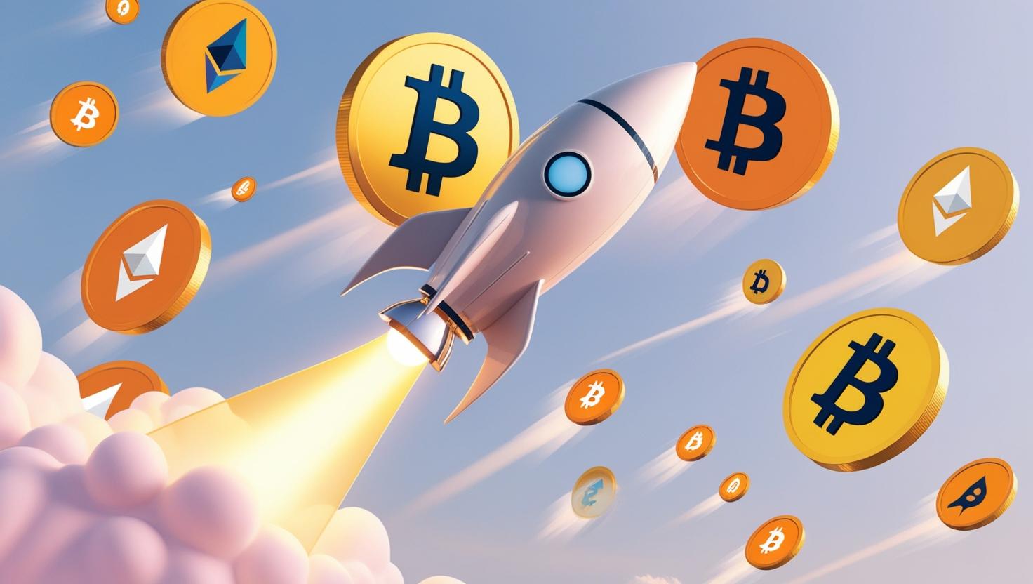 3D men figure standing on a rocket, Bitcoin and altcoins (like Ethereum, Dogecoin) soaring in the background in a light style, no more element, no word (1).jpg