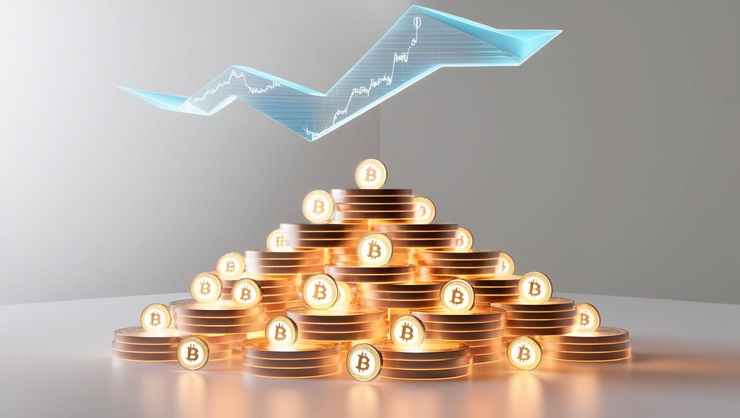 3D Glowing cryptocurrency coins stacked in a pyramid with market cap formula floating above  in  a light style, no more element, no word.jpg
