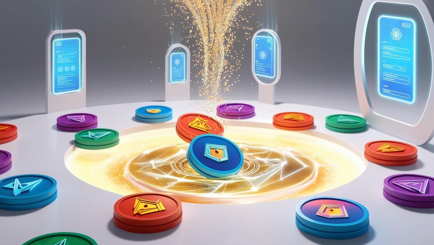 3D representation of NFTs being staked in a decentralized pool, with rewards flowing to users, showing NFT assets and staking rewards in a light style, no more element, no text.jpg