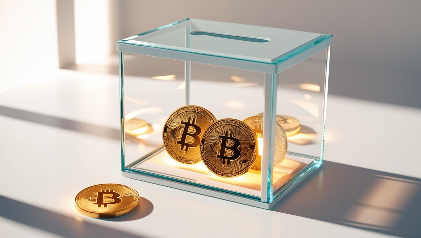 3D render of a charity donation box with glowing cryptocurrency coins (Bitcoin, Ethereum) inside in a light style, no more element, no word.jpg