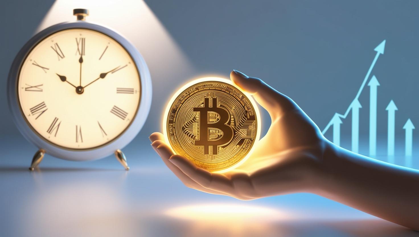 3D render of a hand holding a glowing Bitcoin coin, with a clock and price chart in the background in a light style, no more element, no word.jpg