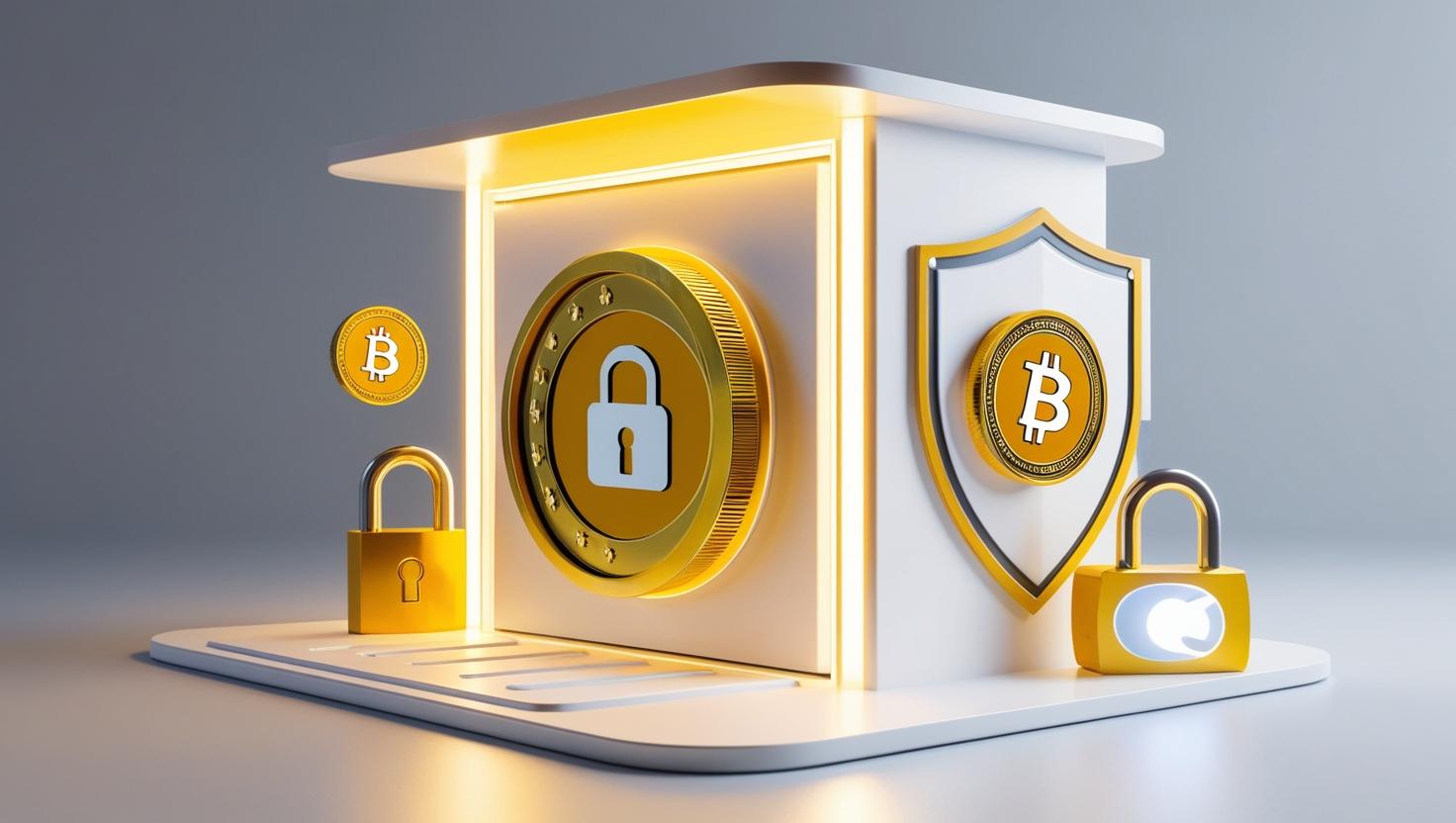 3D illustration of a secure vault with crypto coins, lock symbols, and a shield representing crypto security in a light style, no more element, no text.jpg