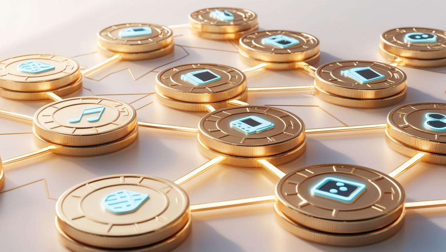 3D coins with blockchain network and entertainment icons in a light style, no more element, no word (1).jpg