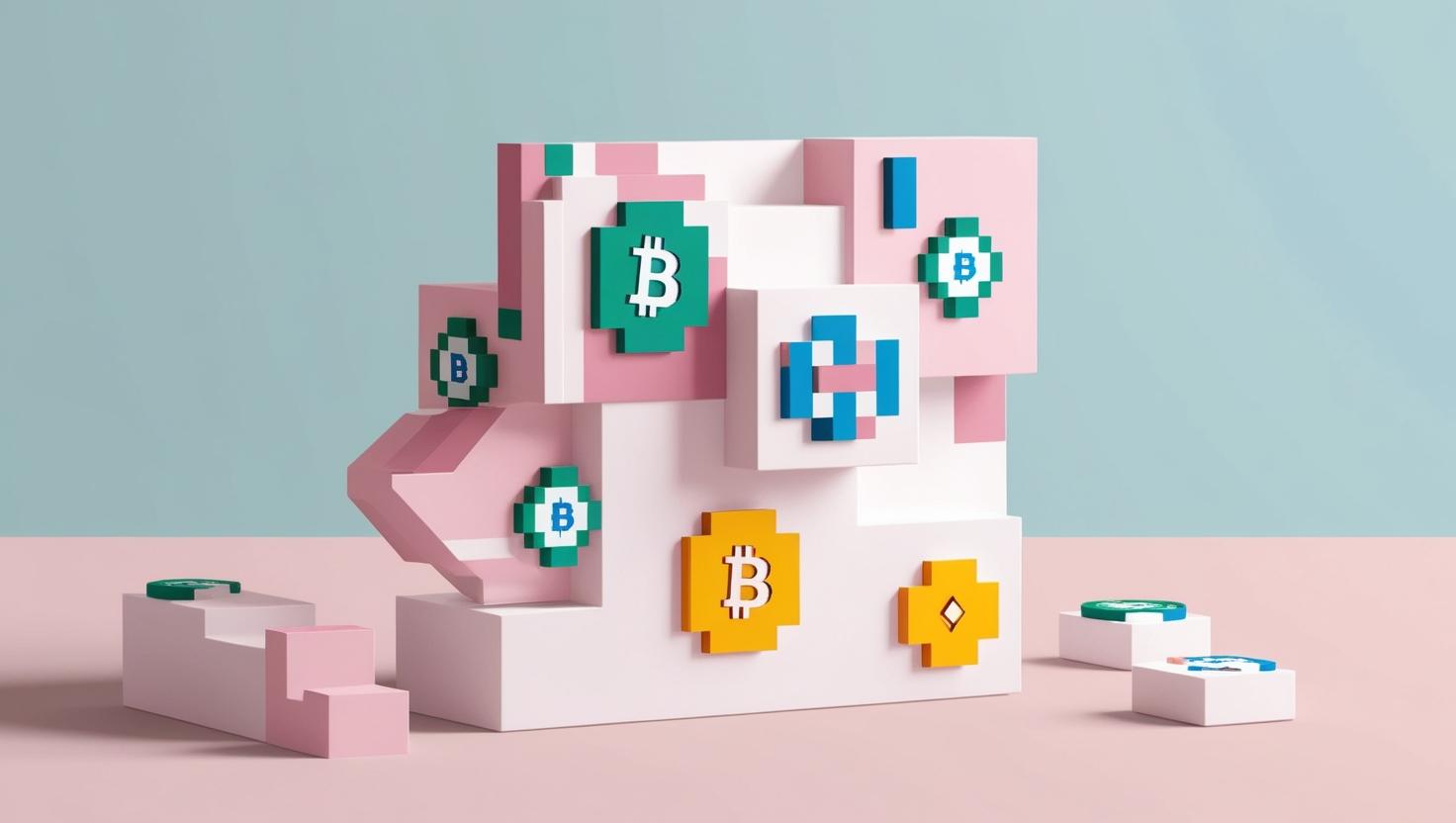 3D  NFT with pixelated art and blockchain icons in a light style, no more element, no word.jpg