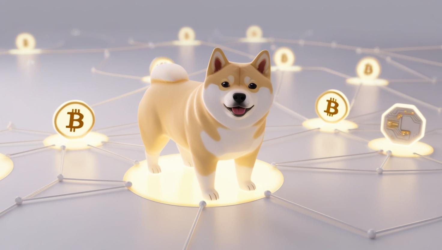 3D Glowing Dogecoin-themed blockchain network with Shiba Inu mascot in a light style, no more element, no word.jpg