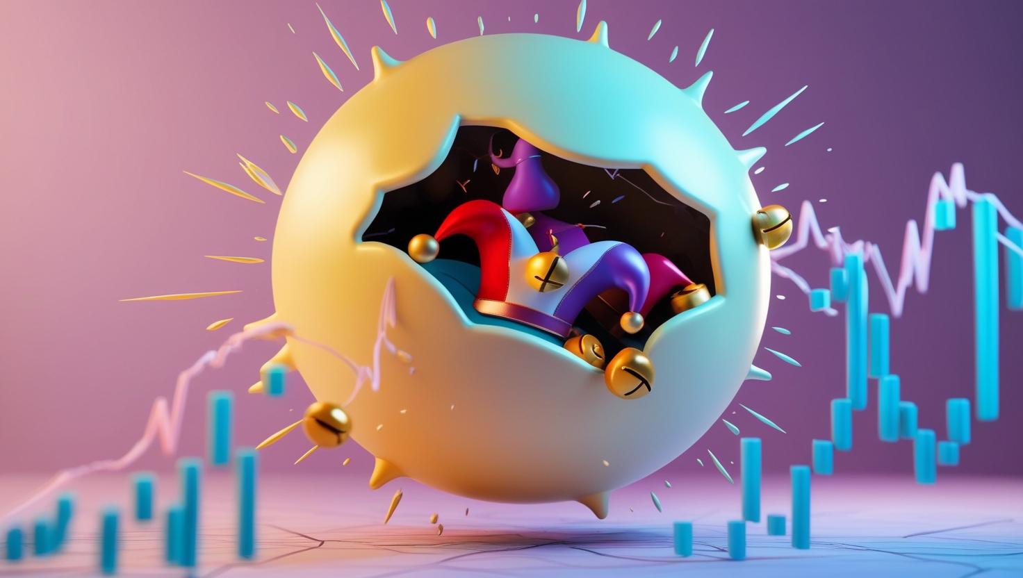 3D visual of a crypto bubble popping, with a fool-s symbol, showing risky price movement and speculative trading in a light style, no more element, no word.jpg