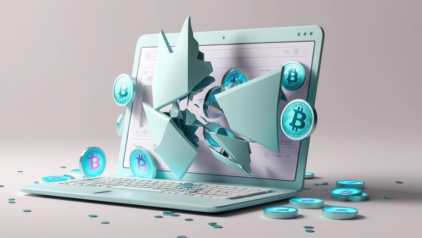 3D hacked exchange interface with broken shields and stolen coins in a light style, no more element, no word.jpg