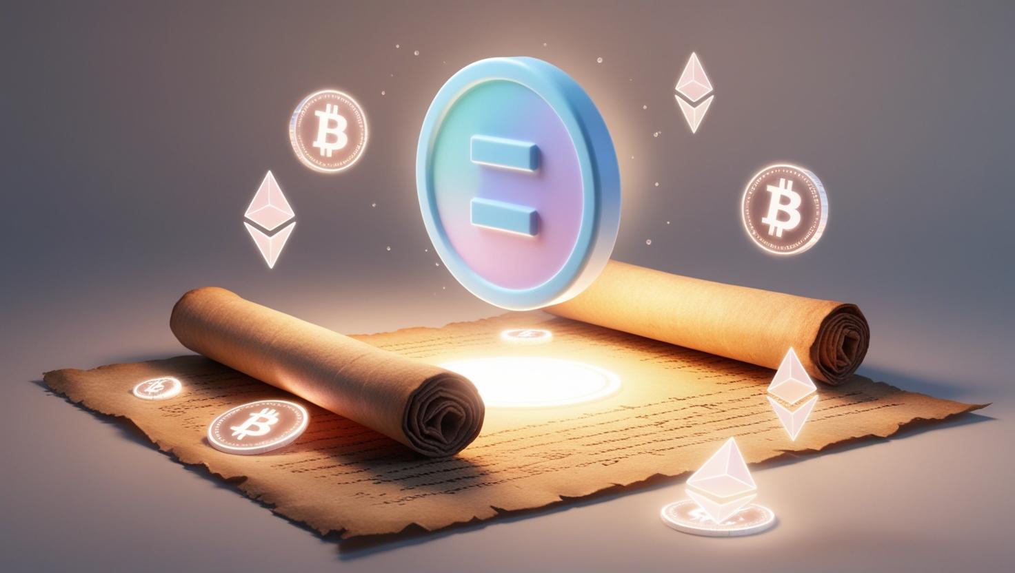 3D Scroll (SCR) token floating over an ancient scroll, surrounded by crypto symbols, with a futuristic digital aura in a light style, no more element, no text.jpg