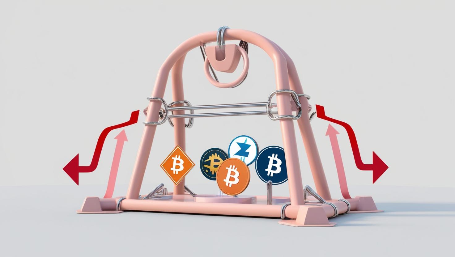 3D bear trap with crypto logos, showing market movements and arrows avoiding sudden downturns in a light style, no more element, no word.jpg
