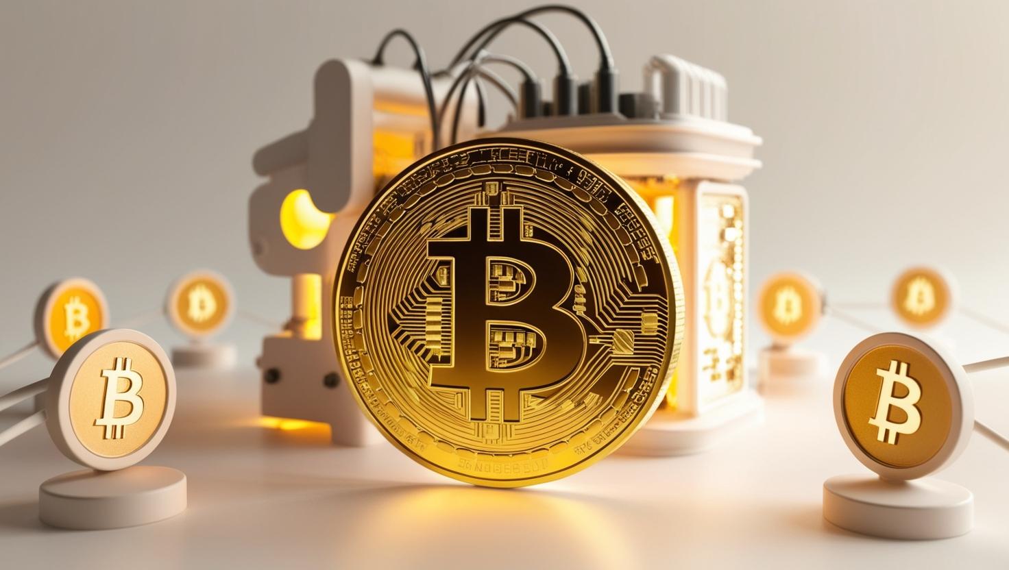 3D Glowing Bitcoin Gold coin with mining rig and blockchain nodes in  a light style, no more element, no word (1).jpg