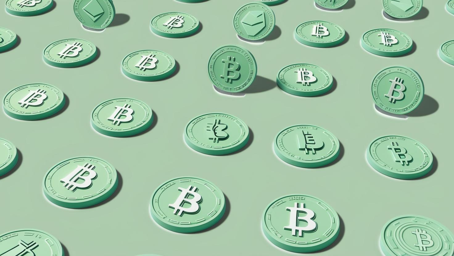 3D blockchain,bitcoin ,different value icons, coins in a light green style, no more element, no word (9).jpg