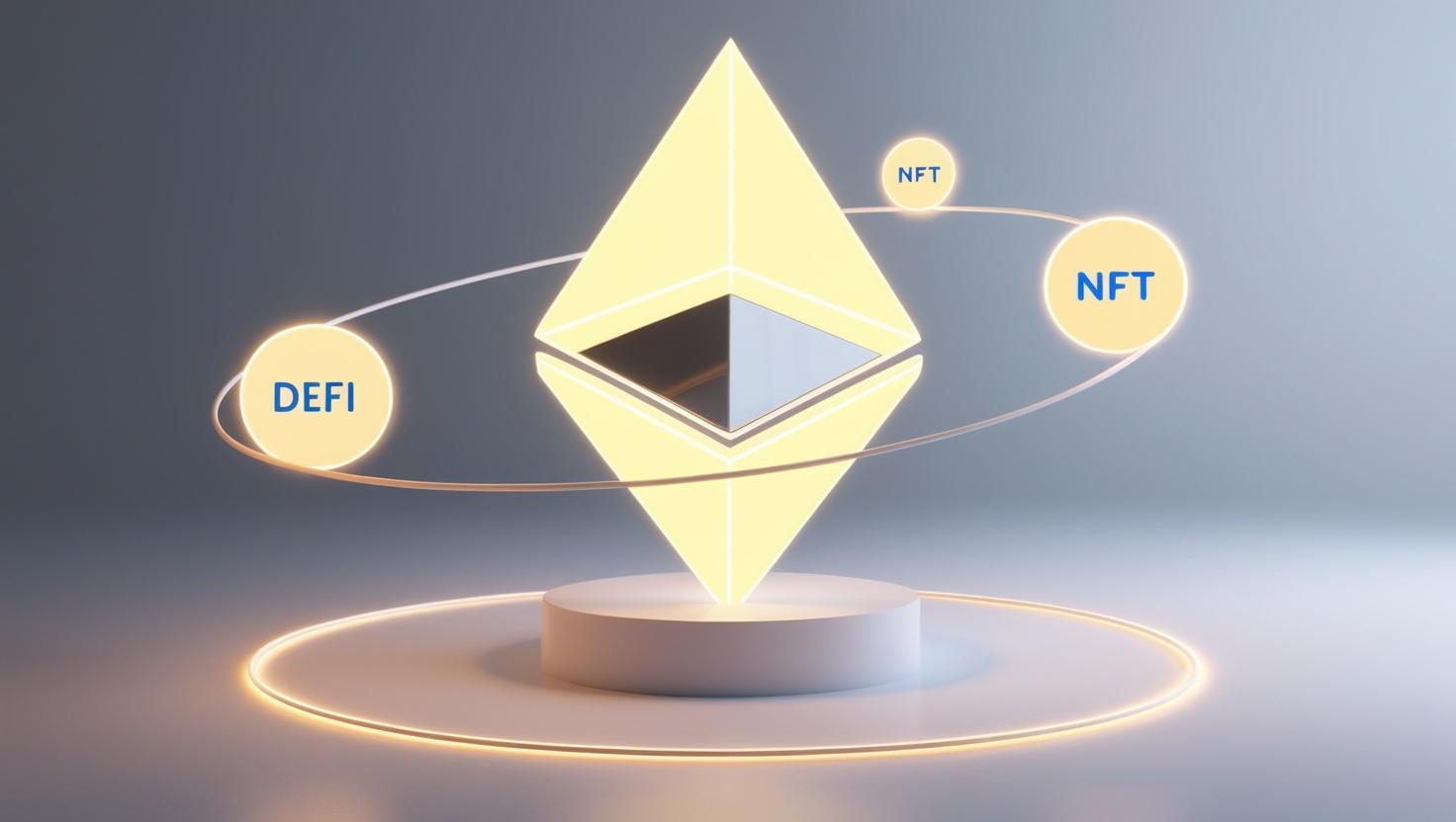 3DGlowing Ethereum logo with DeFi and NFT icons orbiting around in a light style, no more element, no word.jpg